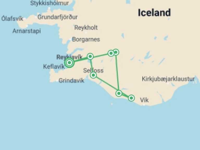Map itinerary of Reykjavik Tour in Winter with 5 destination visits for the trip: Iceland Northern Lights Adventure
