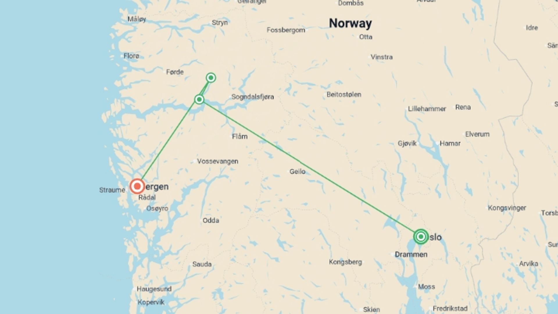A map showing the tour itinerary for the trip: Magic of the Fjords Oslo to Bergen - 7 days, starting in Oslo, Norway and ending in Bergen, Norway going through 2 other destinations.