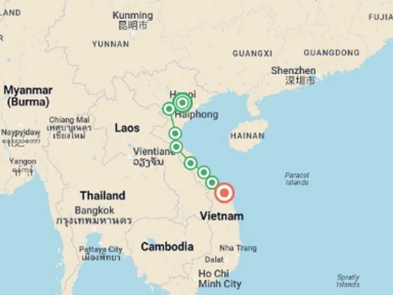 Map of Hanoi Bicycle Tour with 8 destination visits for the trip: Road Cycling Hanoi to Hoi An