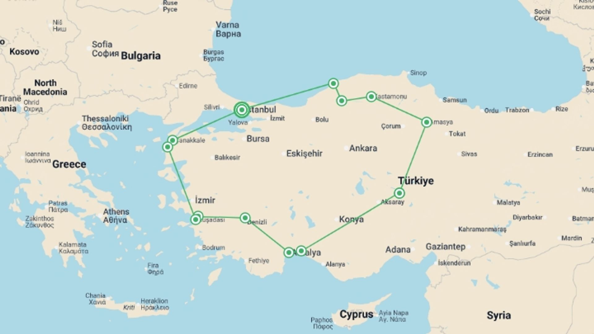 A map showing the tour itinerary for the trip: Grand Tour of Turkey - 16 days, starting in Istanbul, Turkey and ending in Istanbul, Turkey going through 7 other destinations.