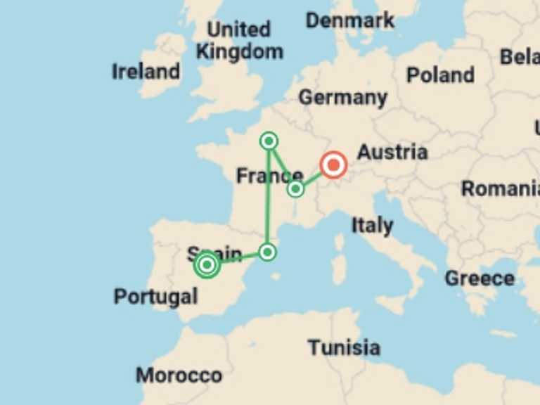 Map of Madrid Tour with 5 destination visits for the trip: Spain, France and Switzerland