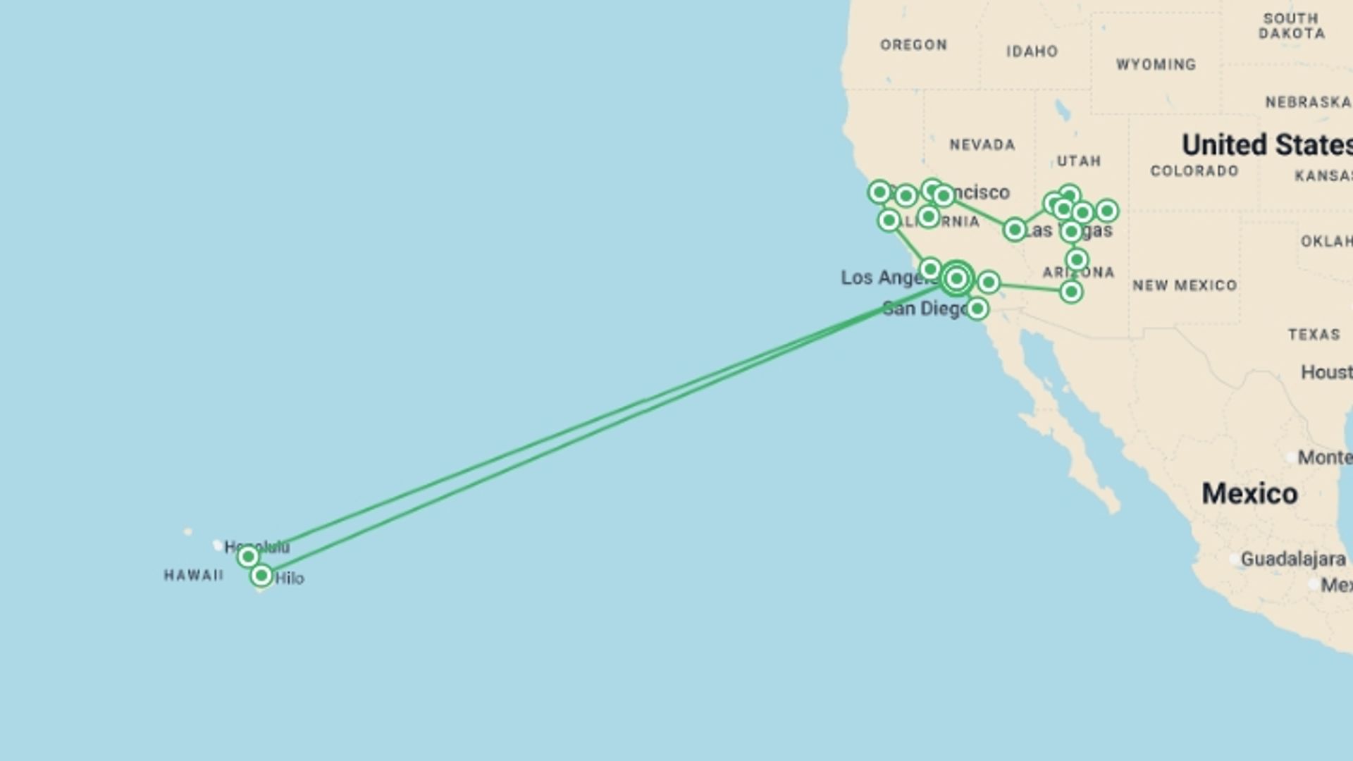 A map showing the tour itinerary for the trip: Los Angeles to Maui Loop - 20 days, starting in Los Angeles, USA and ending in Los Angeles, USA going through 8 other destinations.