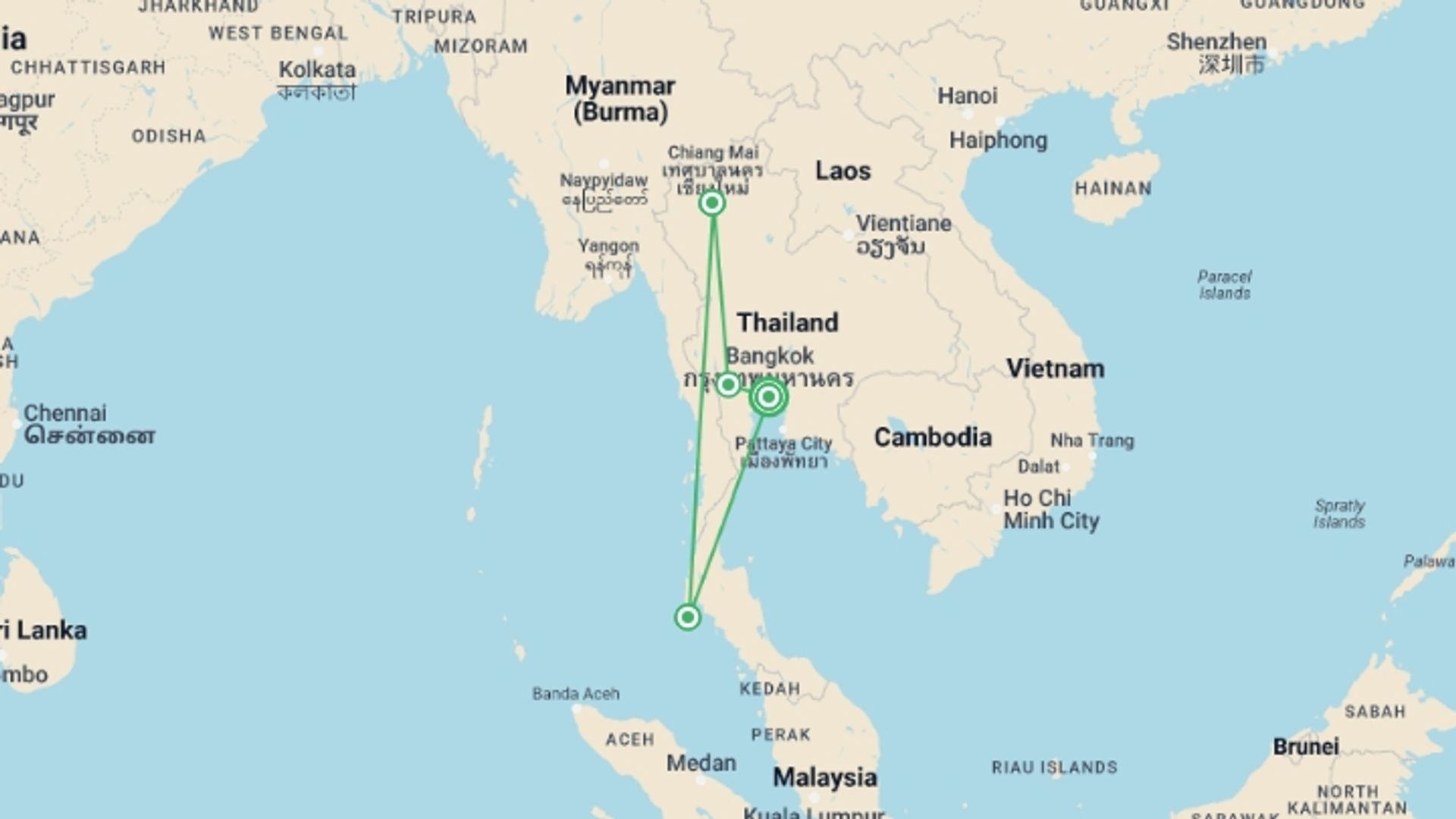 A map showing the tour itinerary for the trip: Thailand Family Adventure, starting in Bangkok, Thailand and ending in Bangkok, Thailand going through 3 other destinations.