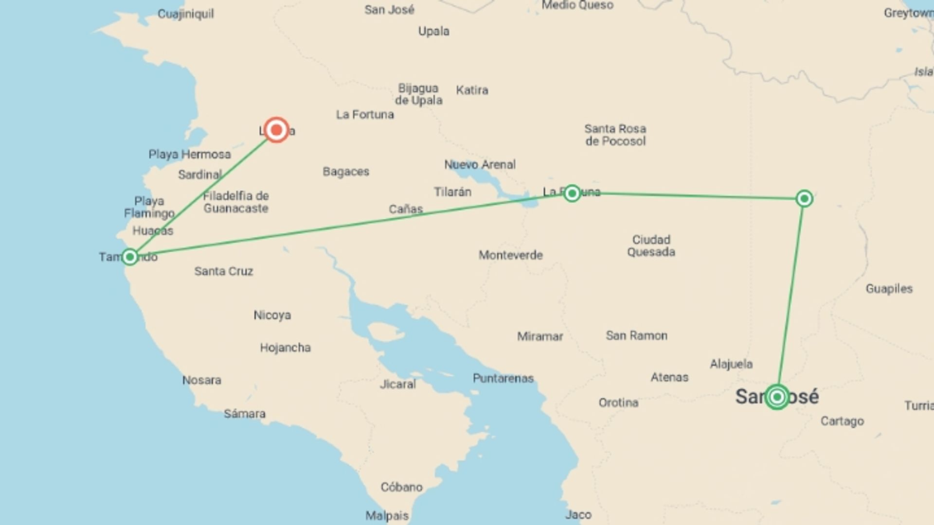 A map showing the tour itinerary for the trip: Landscapes of Costa Rica - 10 days, starting in San Jose, Costa Rica and ending in Liberia City, Costa Rica going through 3 other destinations.