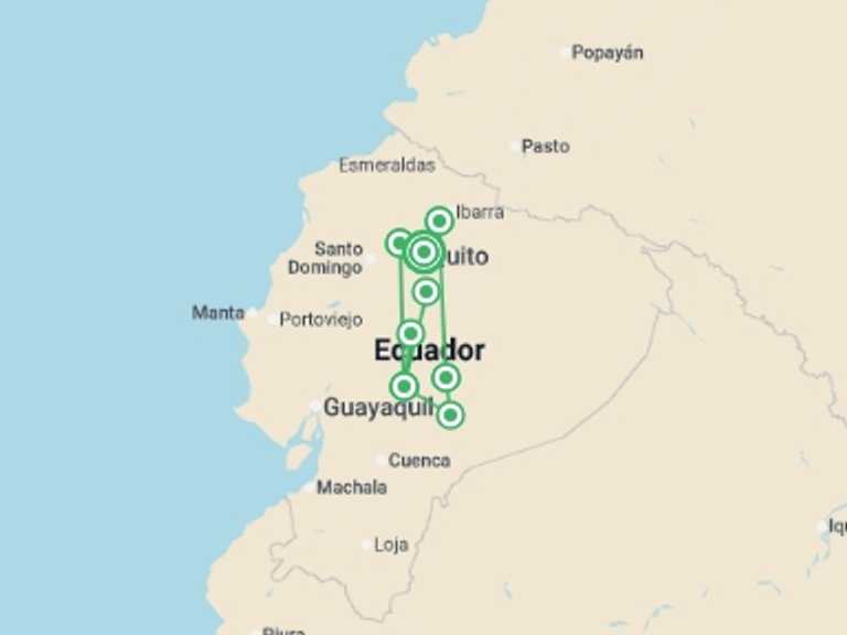 Map itinerary of Ecuador Tour in Fall with 7 destination visits for the trip: 14 Day Andean Cultures Ecuador
