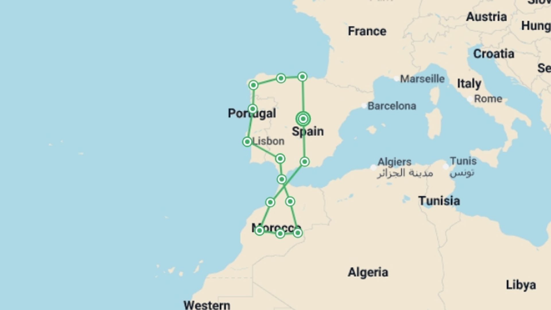 A map showing the tour itinerary for the trip: Fantasies from Spain and Portugal and Mysterious Morocco, starting in Madrid, Spain and ending in Madrid, Spain going through 13 other destinations.
