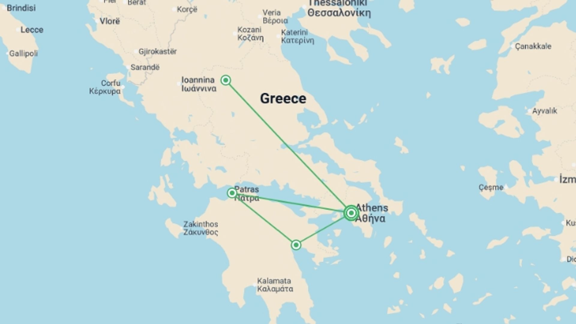 A map showing the tour itinerary for the trip: Complete Greece, starting in Athens, Greece and ending in Athens, Greece going through 3 other destinations.