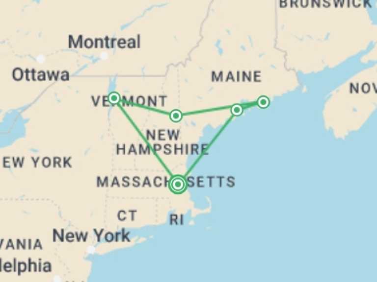 Map itinerary of Boston Tour in September 2027 with 5 destination visits for the trip: Autumn Colours