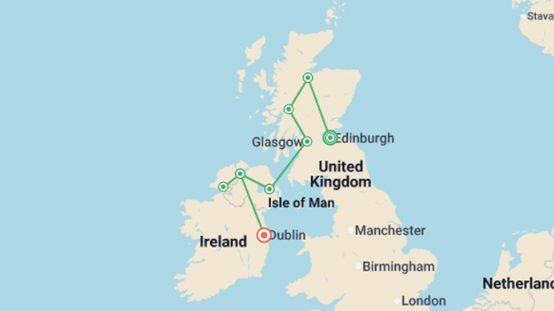 A map showing the tour itinerary for the trip: Exploring Scotland & Ireland , starting in Edinburgh, Scotland and ending in Dublin, Ireland going through 5 other destinations.