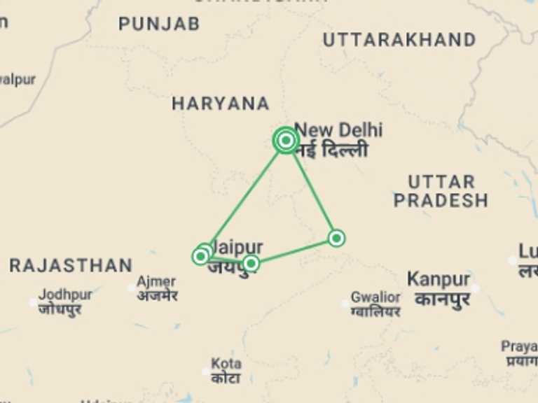 Map of Asia Tour with 5 destination visits for the trip: India's Golden Triangle