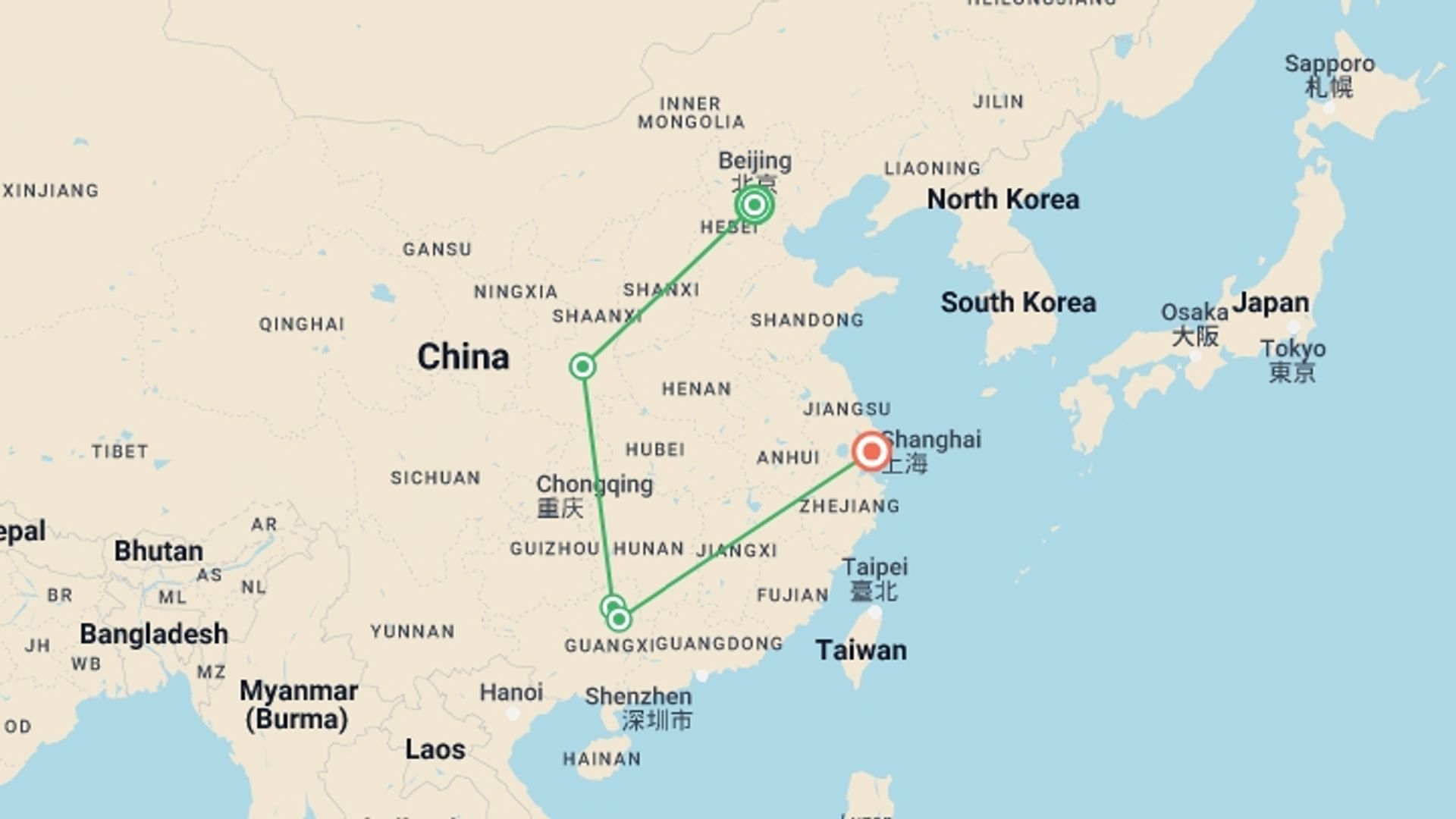 A map showing the tour itinerary for the trip: China Private Tour to Beijing, Xian, Guilin & Shanghai , starting in Beijing, China and ending in Shanghai, China going through 3 other destinations.