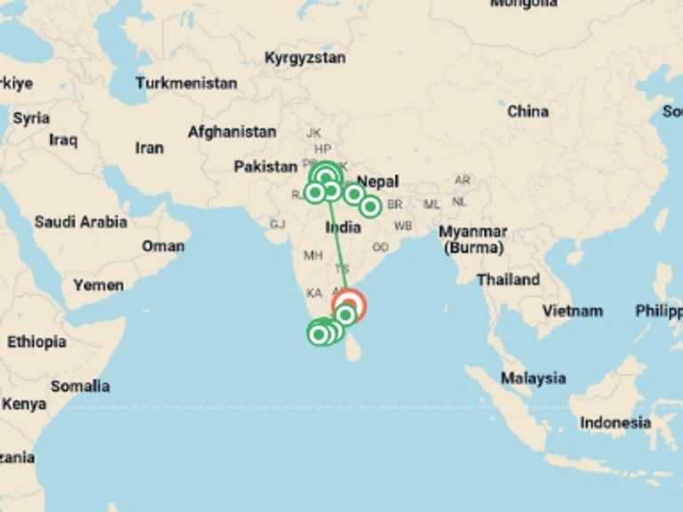 Map itinerary of India Tour in September 2027 with 13 destination visits for the trip: Premium North & South India