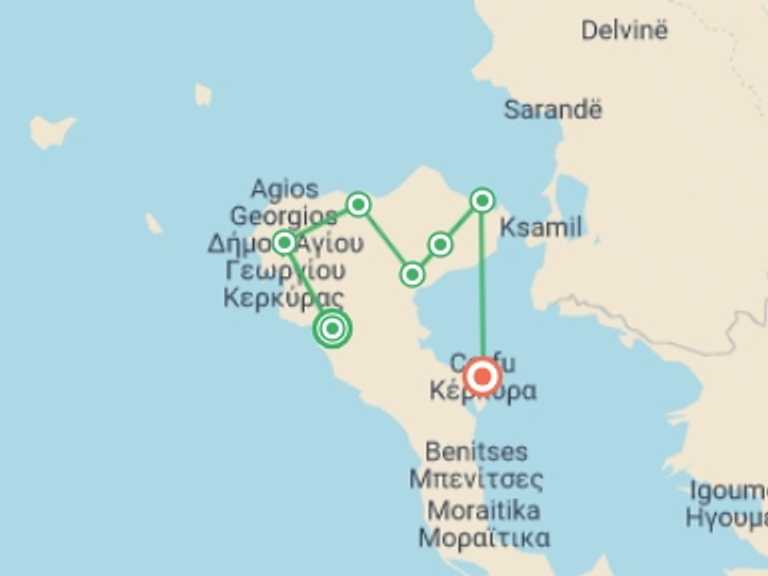 Map of a Mountains Tour with 7 destination visits for the trip: Walking the Corfu Trail (North)