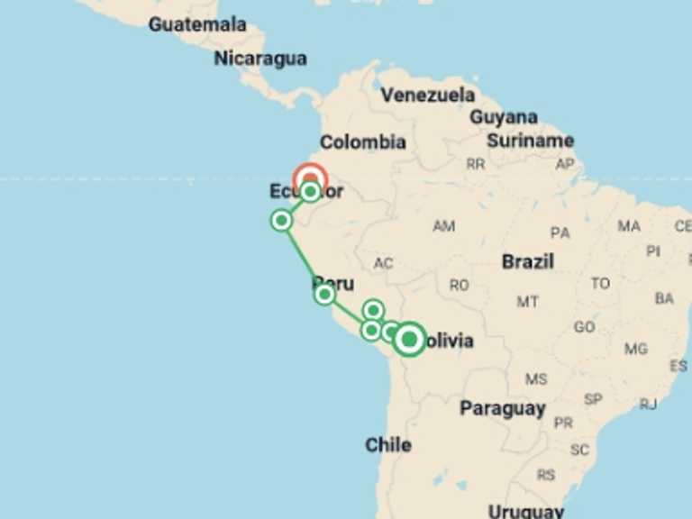Map itinerary of Colca Canyon Tour in Spring with 8 destination visits for the trip: LA PAZ to QUITO (41 days) Andes & Amazon