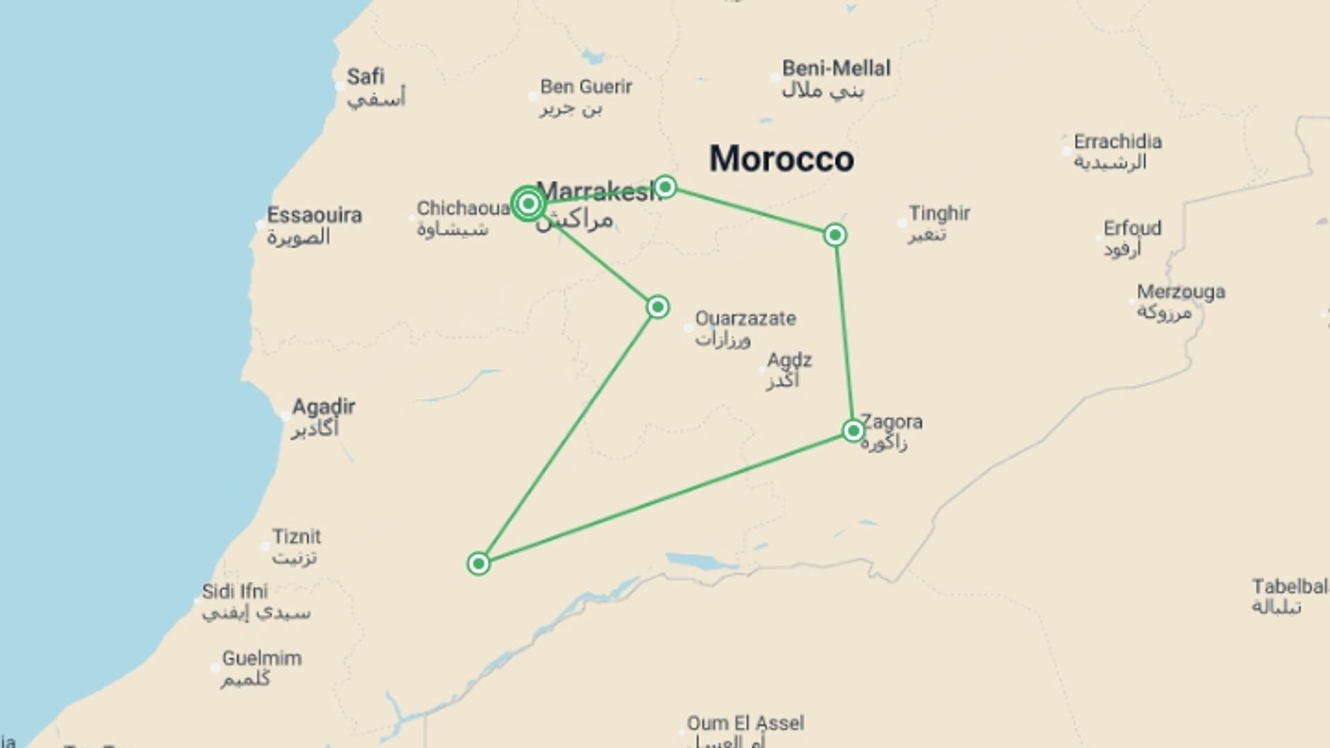 A map showing the tour itinerary for the trip: Marrakech & Desert Week - 7 days, starting in Marrakech, Morocco and ending in Marrakech, Morocco going through 3 other destinations.