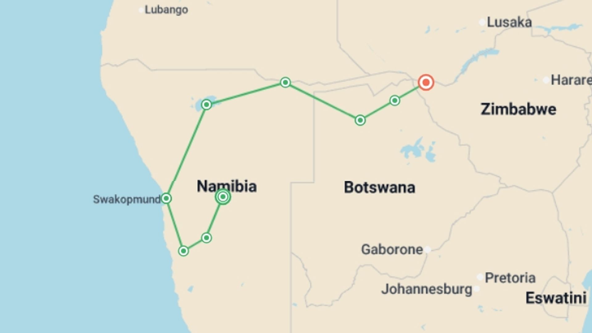 A map showing the tour itinerary for the trip: Deserts & Delta Easter Family Overland (Windhoek t, starting in Windhoek, Namibia and ending in Victoria Falls, Zimbabwe going through 7 other destinations.