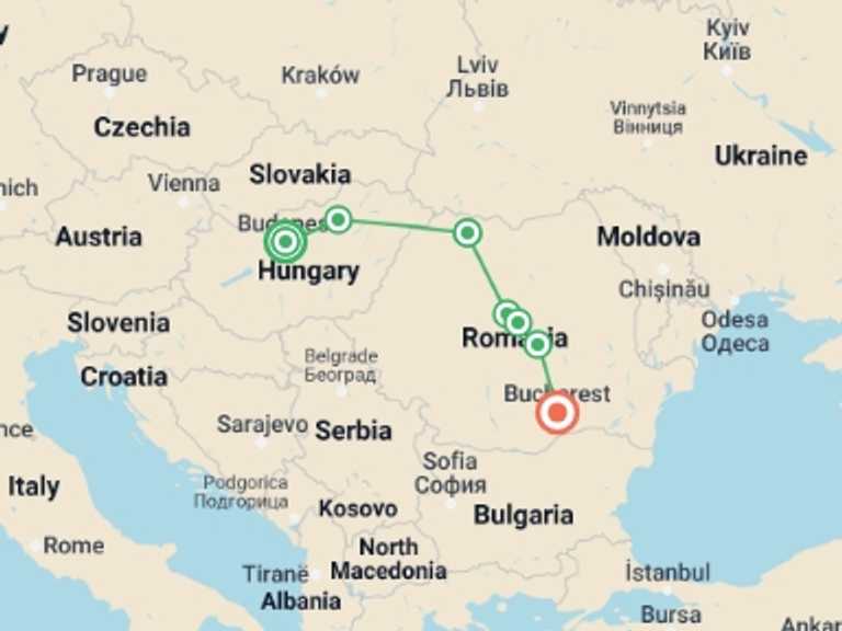 Map of Sighisoara Tour with 7 destination visits for the trip: Budapest to Bucharest