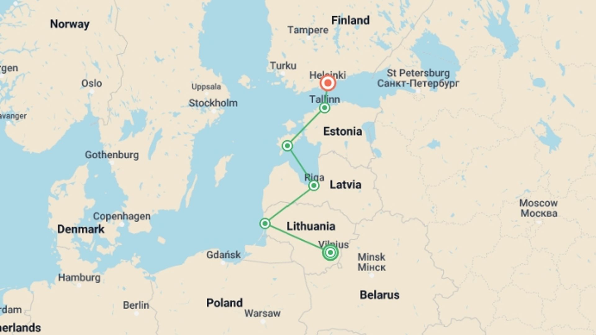 A map showing the tour itinerary for the trip: Baltic Adventure, starting in Vilnius, Lithuania and ending in Helsinki, Finland going through 4 other destinations.