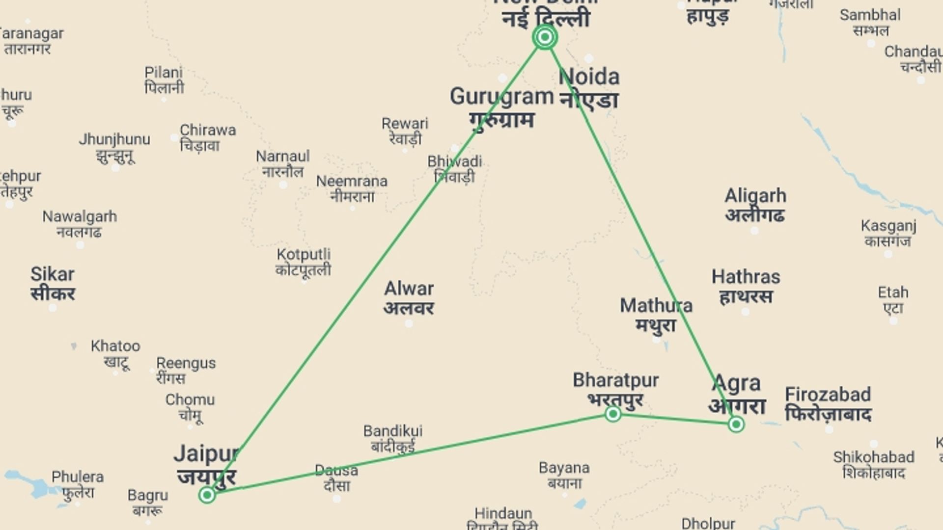 A map showing the tour itinerary for the trip: Wonders of India, starting in New Delhi, India and ending in New Delhi, India going through 3 other destinations.