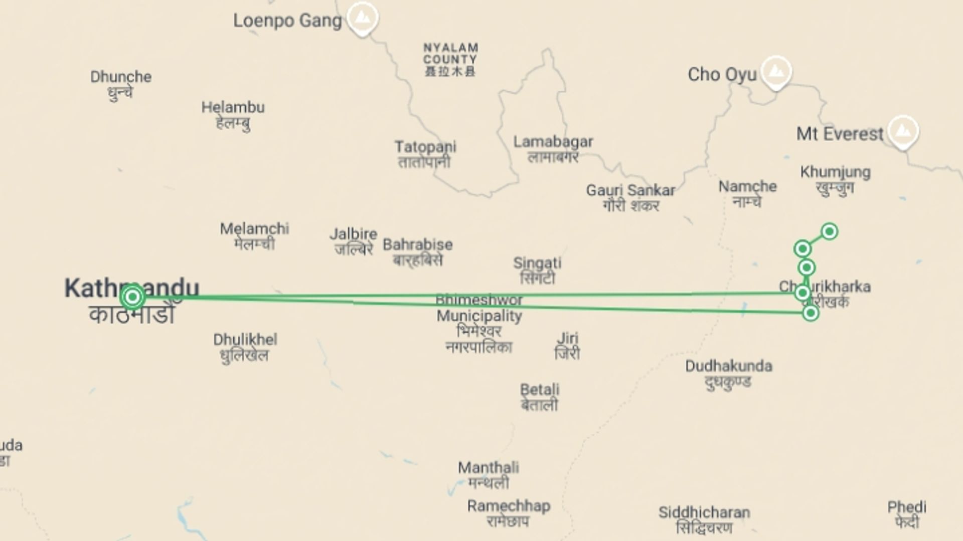 A map showing the tour itinerary for the trip: Everest Trek in Comfort, starting in Kathmandu, Nepal and ending in Kathmandu, Nepal going through 6 other destinations.