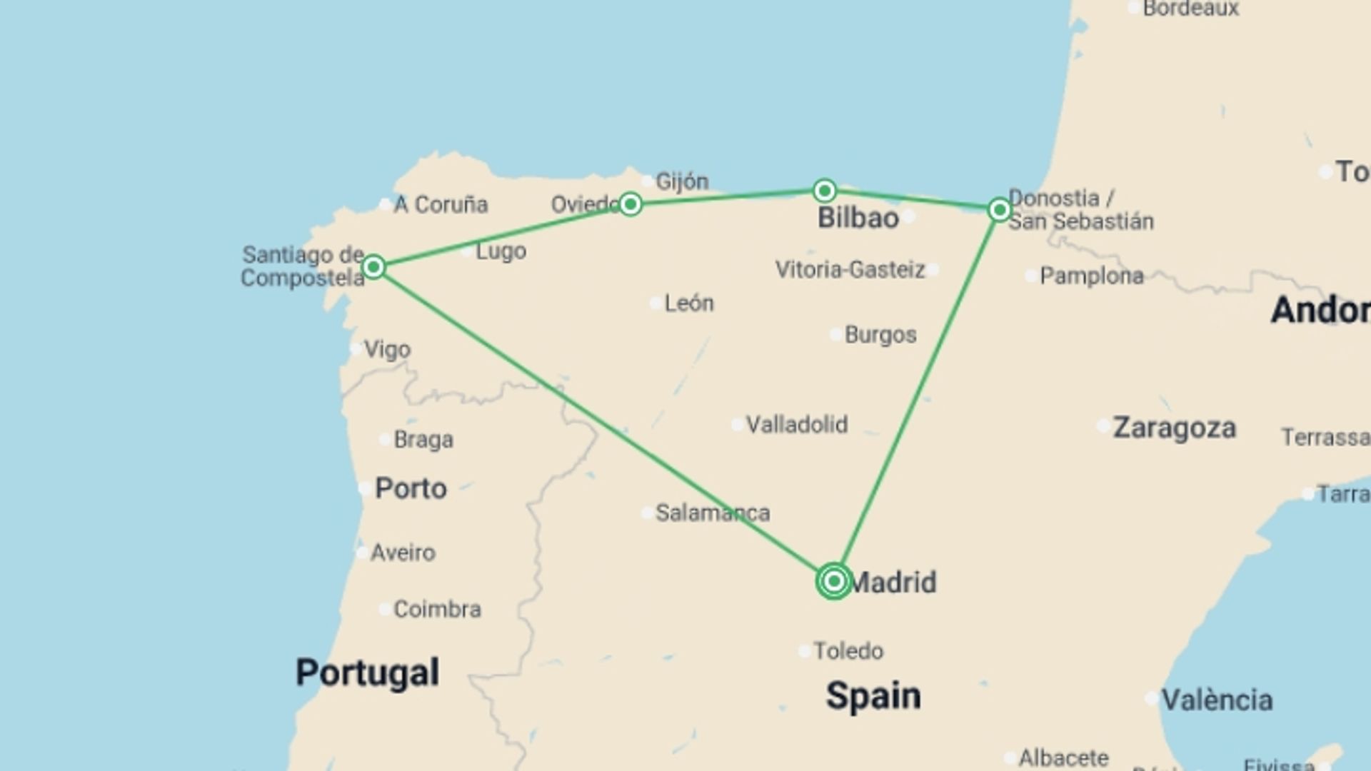 A map showing the tour itinerary for the trip: Grand tour of Northern Spain, starting in Madrid, Spain and ending in Madrid, Spain going through 4 other destinations.