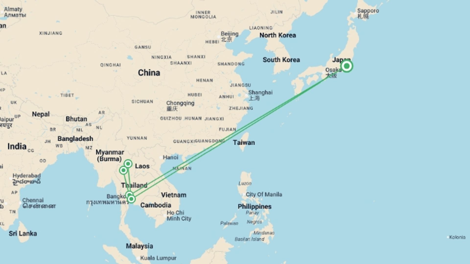 A map showing the tour itinerary for the trip: Tokyo Anime Adventure - 7 days, starting in Tokyo, Japan and ending in Tokyo, Japan going through 5 other destinations.