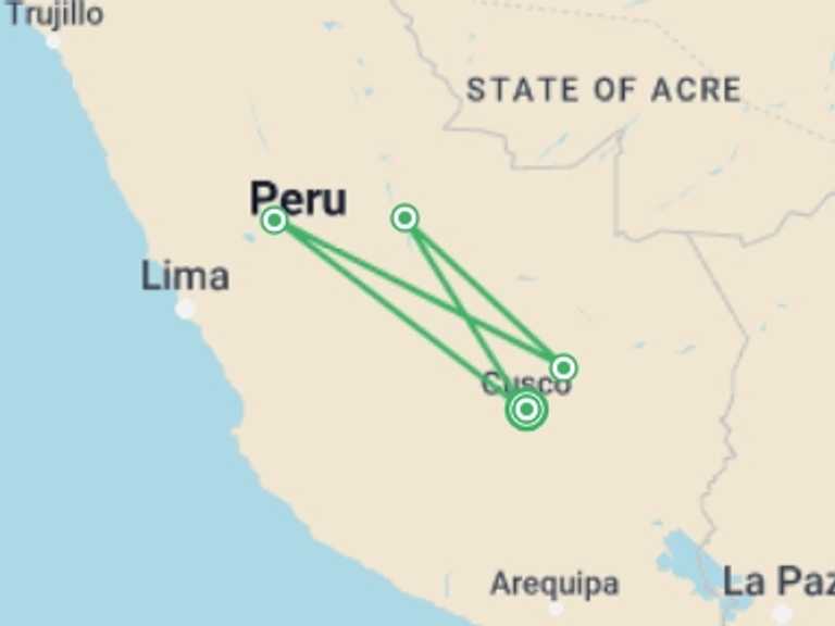Map itinerary of Cusco Tour in Fall with 3 destination visits for the trip: 4-Day Manu National Park Tour: World Biosphere Reserve from Cusco