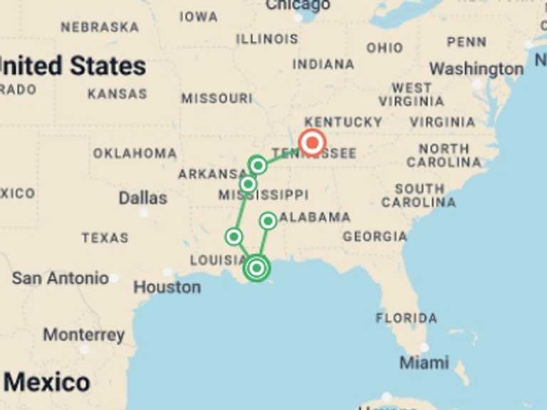 Map of North America Tour with 7 destination visits for the trip: Southern Soul: New Orleans to Nashville