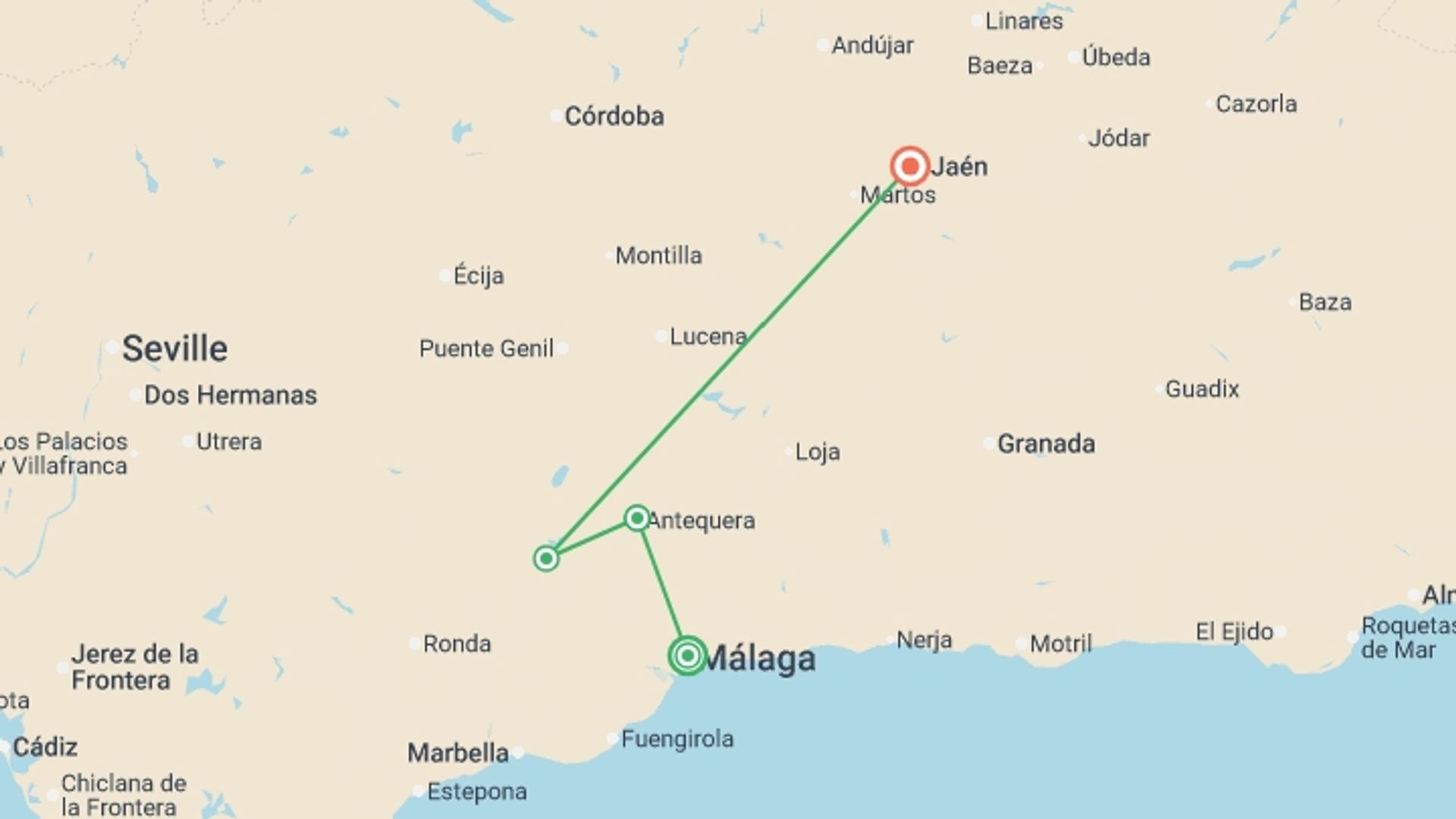 A map showing the tour itinerary for the trip: Upgraded - Walking in Andalucia, starting in Malaga, Spain and ending in Jaen, Spain going through 2 other destinations.