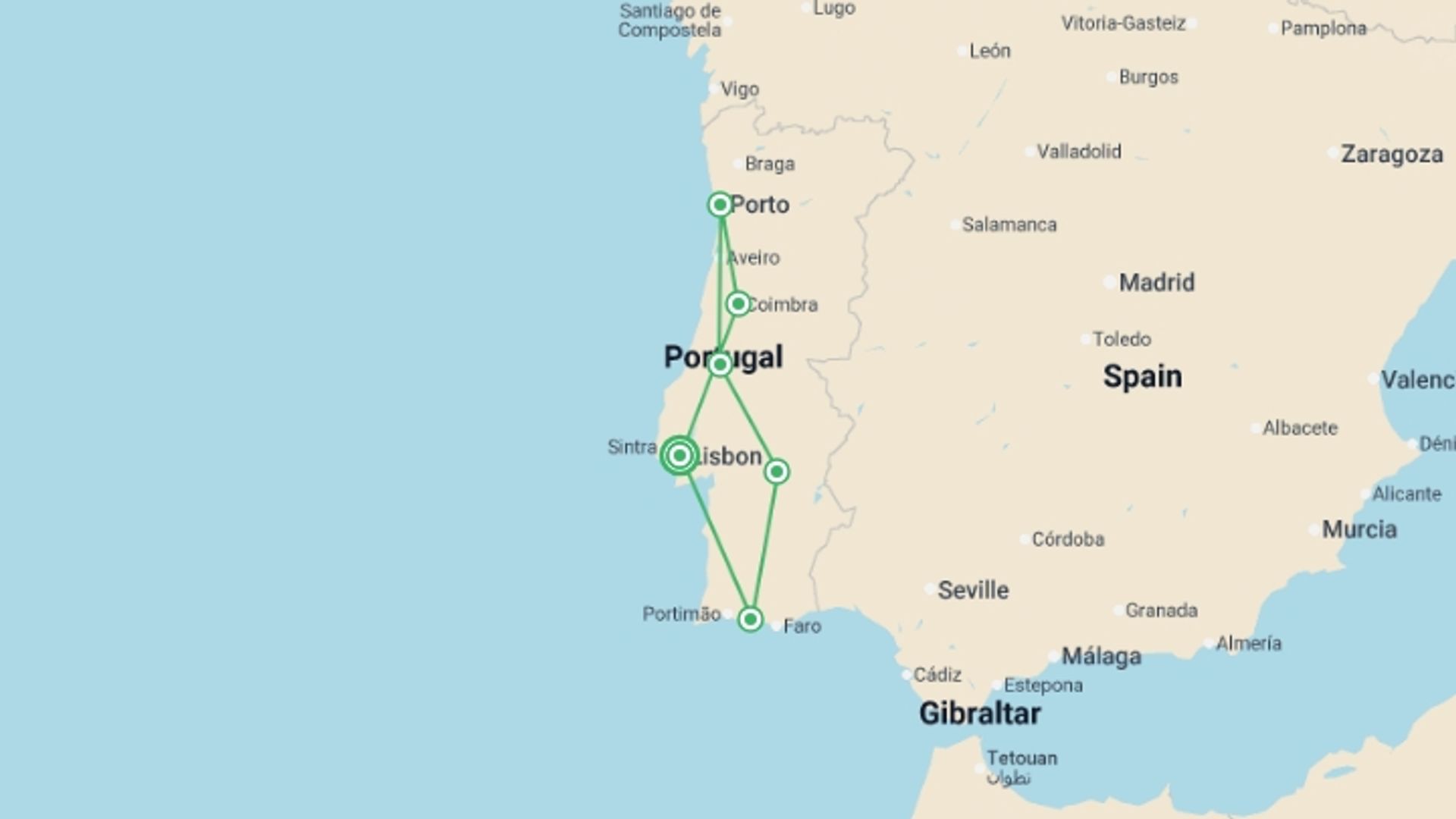A map showing the tour itinerary for the trip: Complete Portugal ROT, starting in Lisbon, Portugal and ending in Lisbon, Portugal going through 5 other destinations.