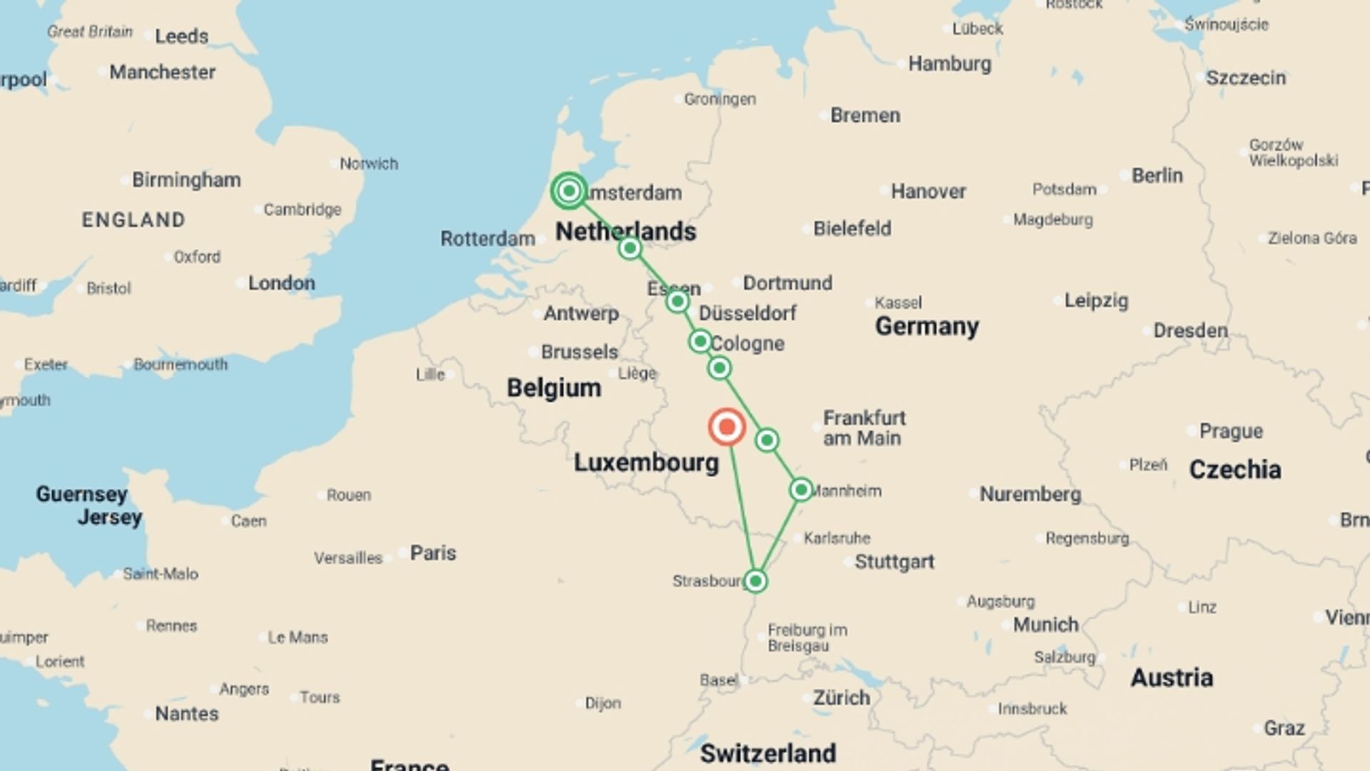 A map showing the tour itinerary for the trip: New year in Holland and the romantic Rhine (port-to-port cruise), starting in Amsterdam, Holland and ending in Rhineland-Palatinate & Saarland, Germany going through 5 other destinations.