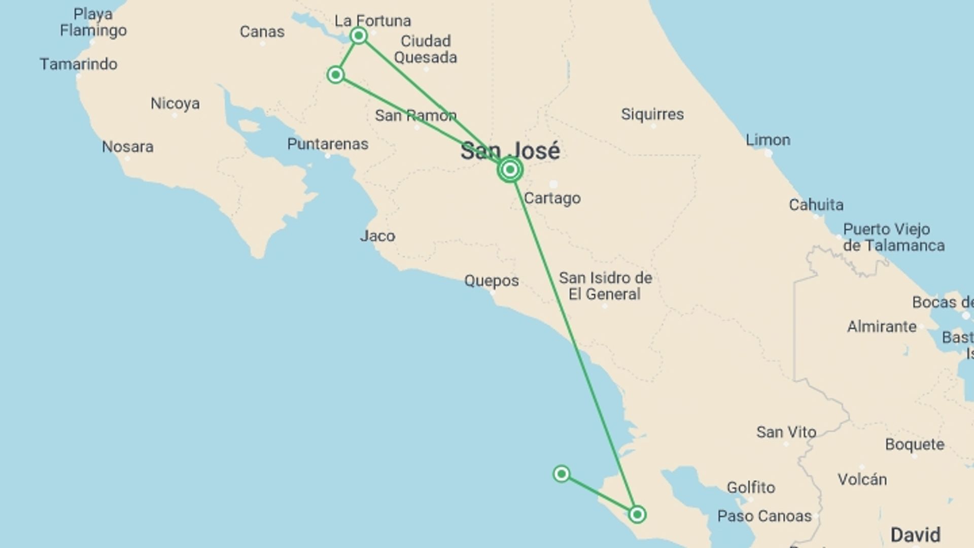 A map showing the tour itinerary for the trip: The Essence of Costa Rica: Pure Nature, starting in San Jose, Costa Rica and ending in San Jose, Costa Rica going through 4 other destinations.