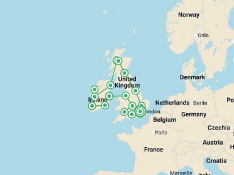 Map itinerary of Belfast Tour in Summer with 12 destination visits for the trip: Best of UK & Ireland