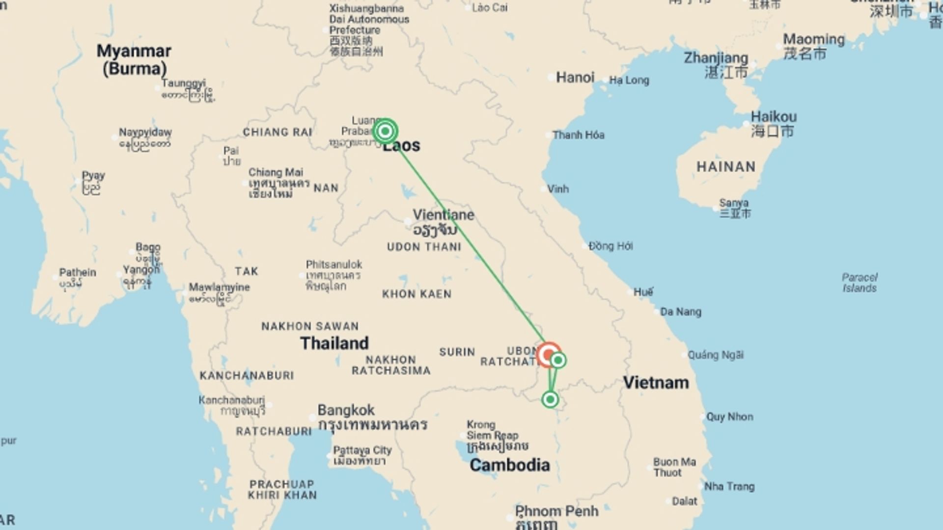 A map showing the tour itinerary for the trip: Luang Prabang & Southern Laos - 8 days, starting in Luang Prabang, Laos and ending in Pakse, Laos going through 2 other destinations.