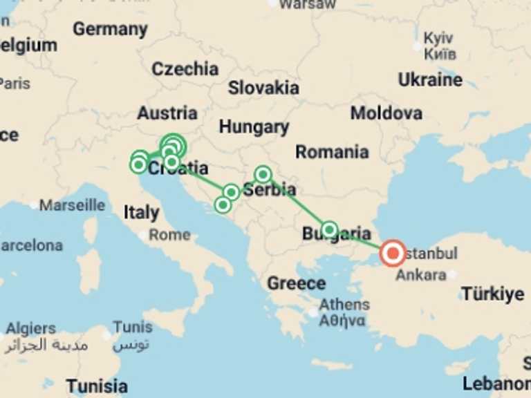Map itinerary of Mediterranean Tour in Spring with 11 destination visits for the trip: Cruise & Rail: Slovenia, Venice, Istanbul & the Balkans (2027)