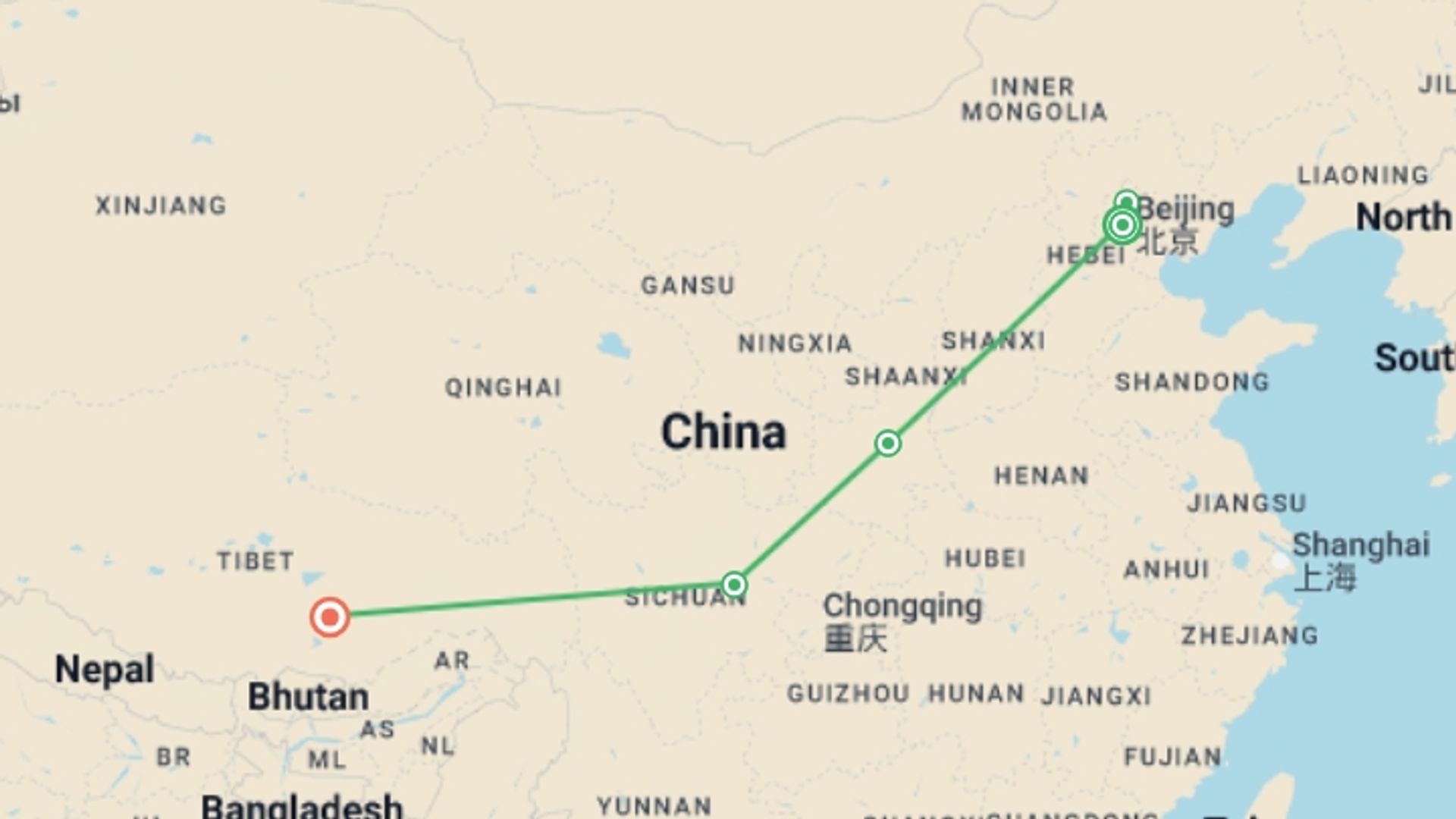 A map showing the tour itinerary for the trip: China to Tibet - 11 days , starting in Beijing, China and ending in Lhasa, China going through 2 other destinations.