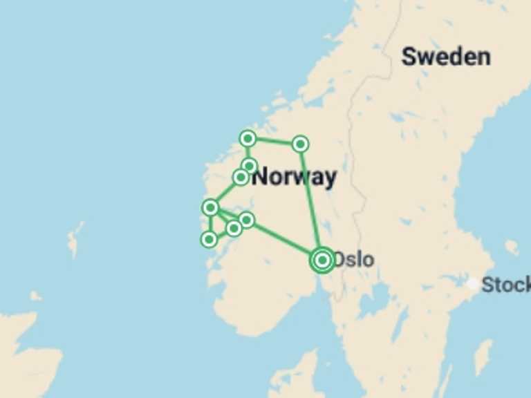 Map of Norway Natural landmarks sightseeing Tour with 6 destination visits for the trip: Norwegian Fjords Charms And Traditions