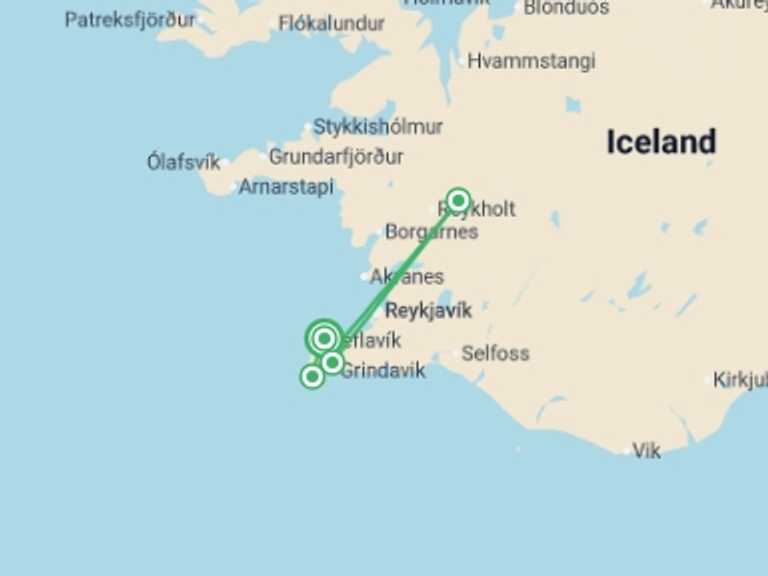 Map of Northern Europe Explorer Tour with 5 destination visits for the trip: Reykjanes Peninsula and Solar Eclipse - 5 days