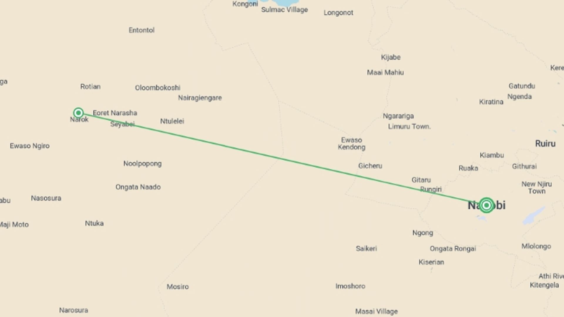 A map showing the tour itinerary for the trip: Maasai Mara Safari: Legendary Wildlife & Cultural Safari, starting in Nairobi, Kenya and ending in Nairobi, Kenya going through 1 other destinations.