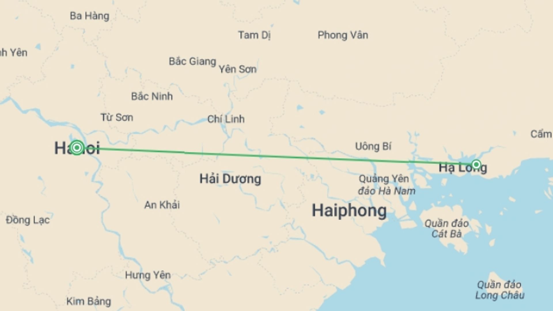 A map showing the tour itinerary for the trip: Luxury cruise to Bai Tu Long Bay 1 night, starting in Hanoi, Vietnam and ending in Hanoi, Vietnam going through 2 other destinations.