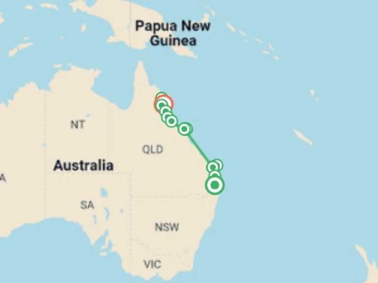 Map itinerary of Oceania Tour in Winter with 8 destination visits for the trip: North Queensland Adventure