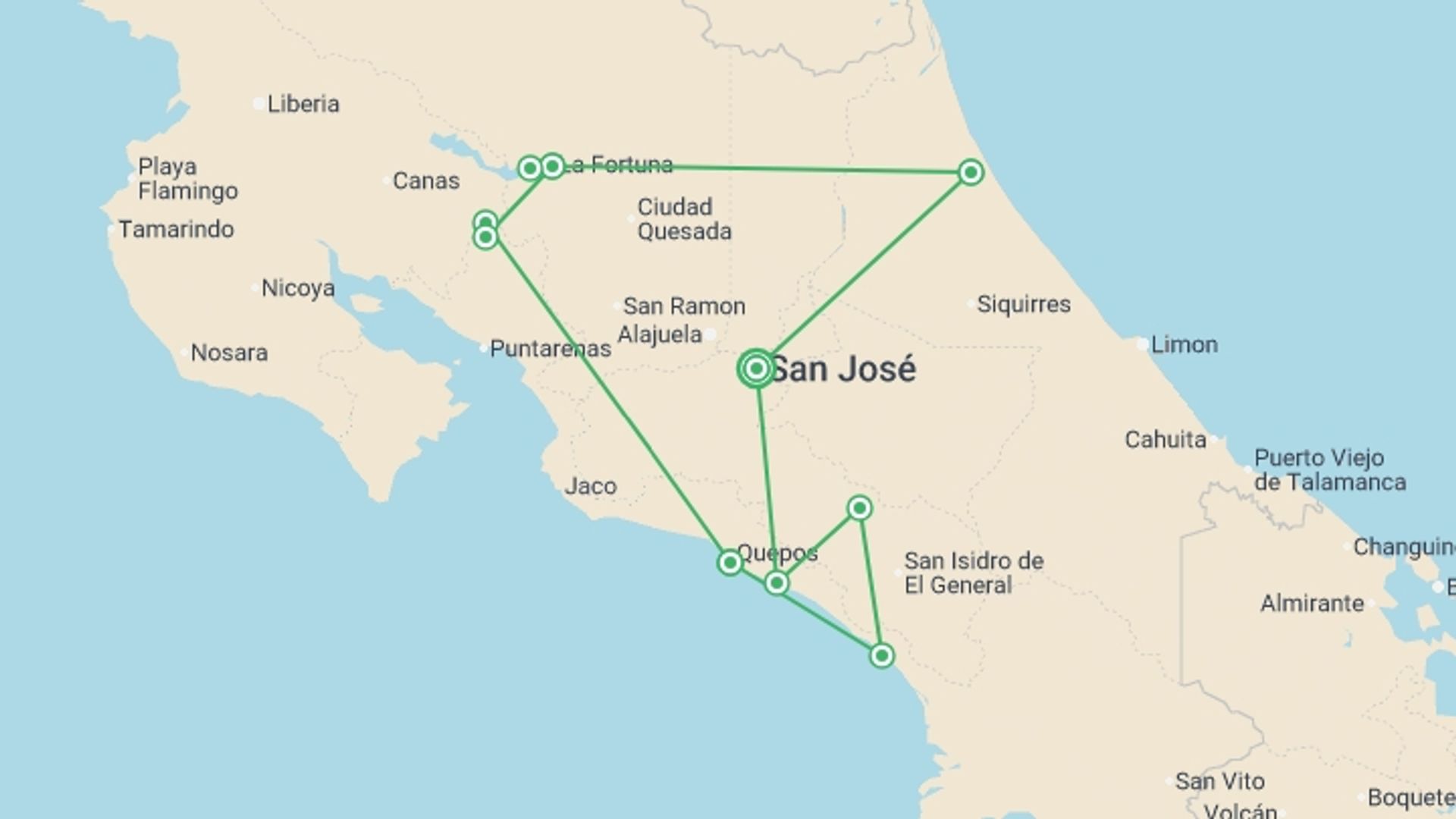 A map showing the tour itinerary for the trip: Discover Costa Rica - with Dominical, starting in San Jose, Costa Rica and ending in San Jose, Costa Rica going through 8 other destinations.