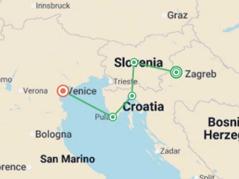 Map of Europe Tour with 5 destination visits for the trip: Adriatic Escape - Small Group