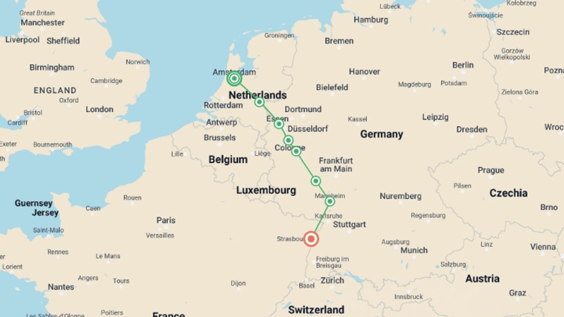 A map showing the tour itinerary for the trip: New year in Holland and the romantic Rhine (port-to-port cruise), starting in Amsterdam, Holland and ending in Strasbourg, France going through 5 other destinations.