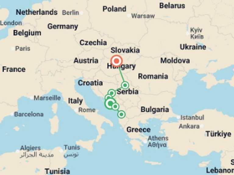 Map itinerary of Budapest Tour in Summer with 7 destination visits for the trip: Balkans Discovery