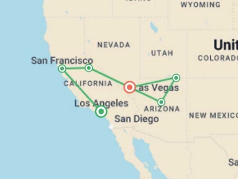 Map of 8-Day San Francisco Tour with 6 destination visits for the trip: Magnificent West 8D/7N (From Los Angeles)
