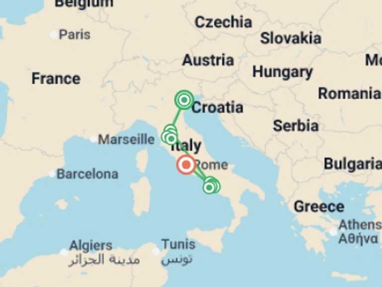 Map of Europe Explorer Tour with 4 destination visits for the trip: Best of Italy by Train  - 11 days