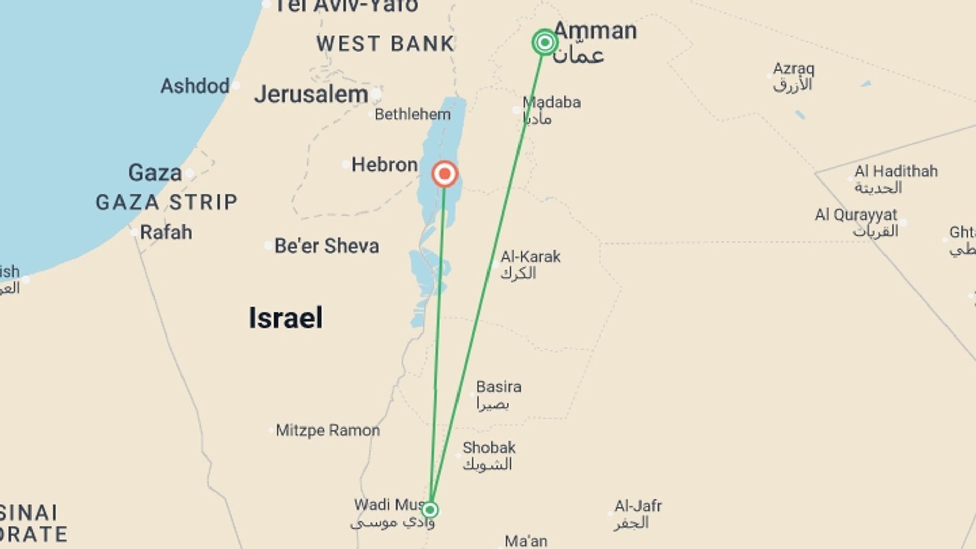 A map showing the tour itinerary for the trip: Chauffeured Petra & Dead Sea - 4 days, starting in Amman, Jordan and ending in Dead Sea, Jordan going through 1 other destinations.