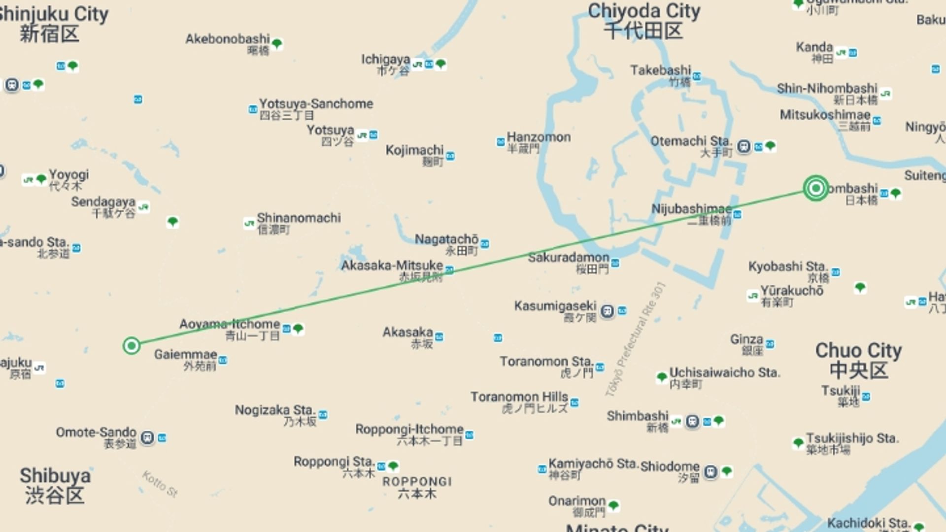 A map showing the tour itinerary for the trip: Tokyo Explorer - 4 days, starting in Japan and ending in Japan going through 0 other destinations.