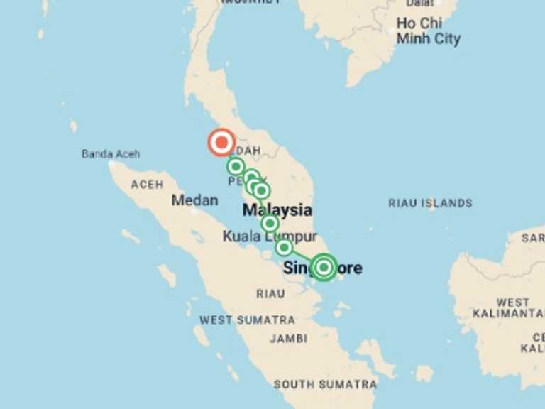 Map itinerary of Kuala Lumpur Tour in October 2026 with 7 destination visits for the trip: Malaysia and Singapore Explorer